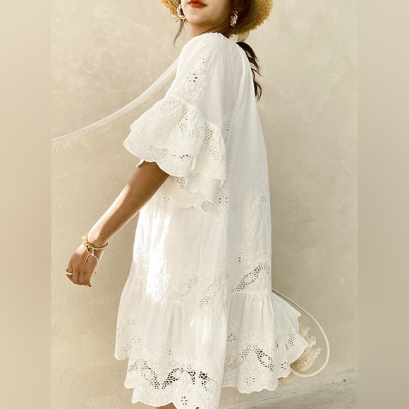 ♥️Hello Gorgeous! Eyelet Embroidered Tassel Tie Neck Dress - Picture 4 of 10